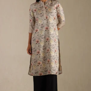 Beige Silk Blend Print Kurta