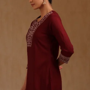 Maroon Rayon Embroidered Dress