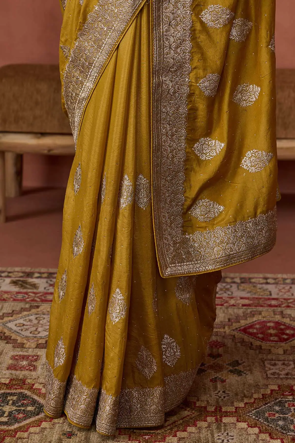 Mustard Embroidered Stone Saree - Image 3