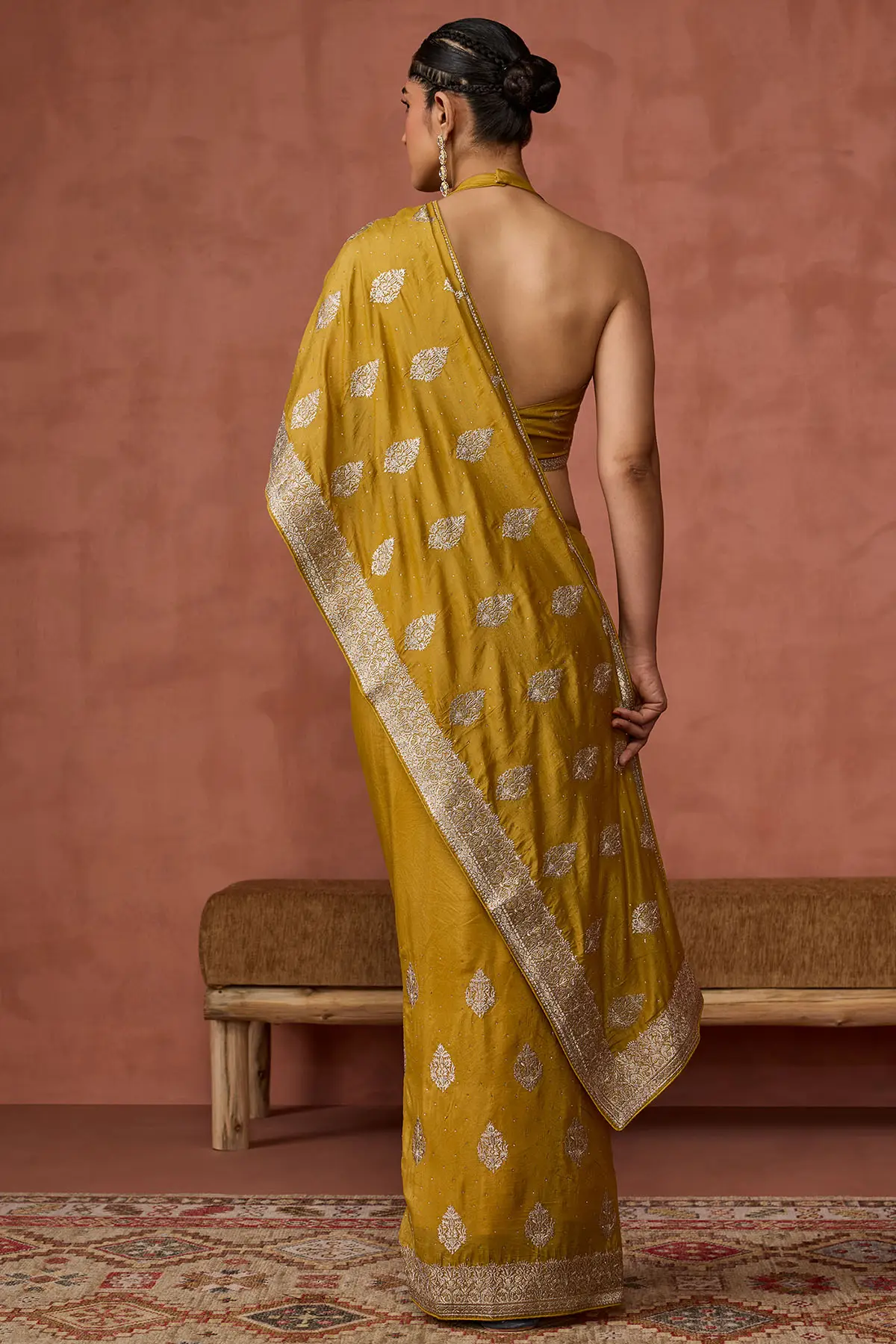 Mustard Embroidered Stone Saree - Image 4