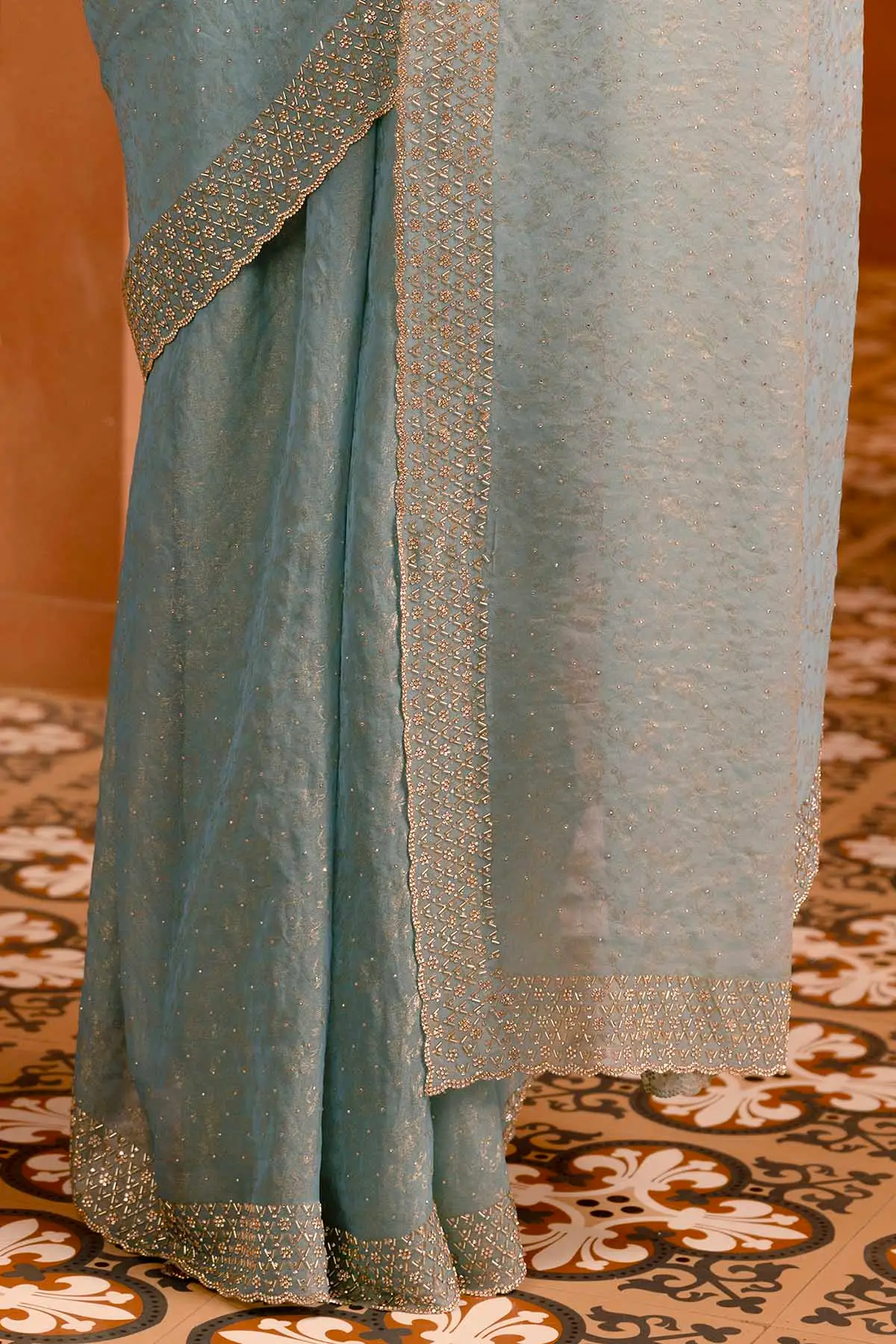Powder Blue Floral Saree - Image 3