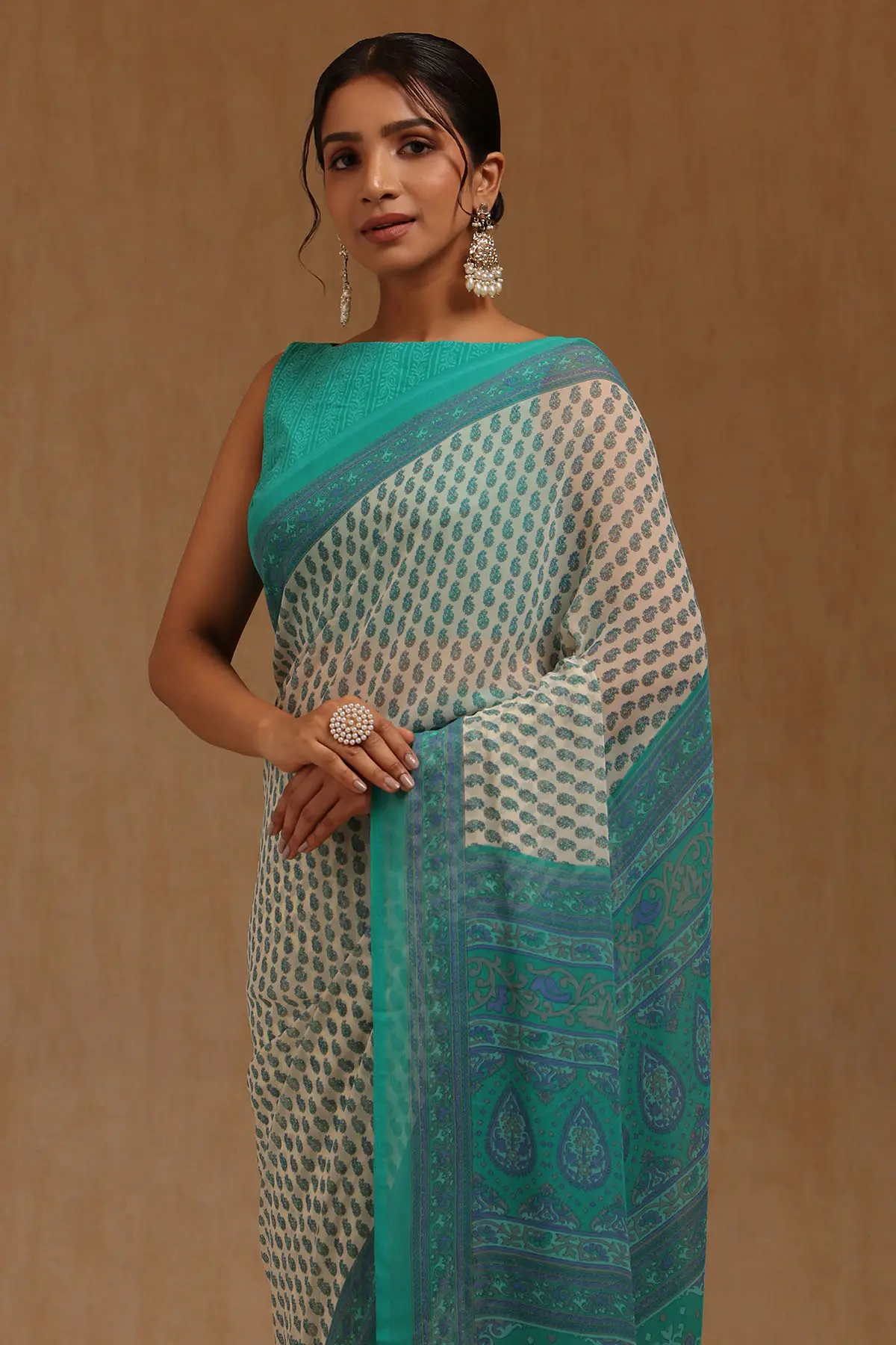 Teal Georgette Floral Sarees