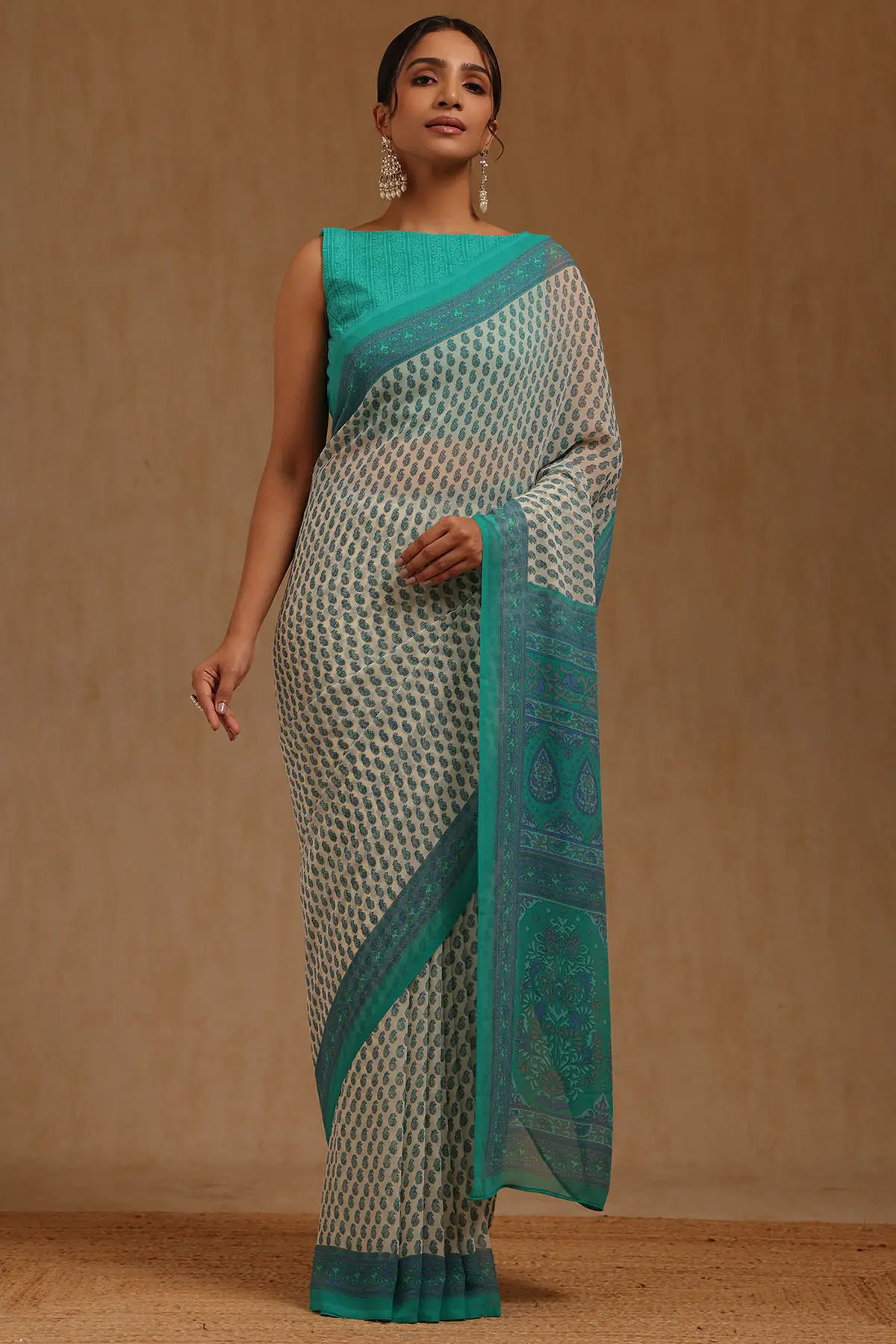 Teal Georgette Floral Sarees - Image 2